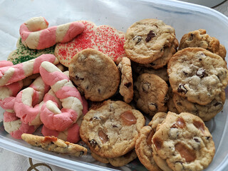 Festive Homemade Holiday Christmas Cookies Chocolate Chip Salted Caramel and Sugar Cookies in Red and Green and Candy Cane Cookies in Pink and White