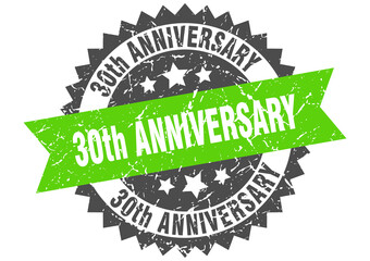 30th anniversary stamp. grunge round sign with ribbon