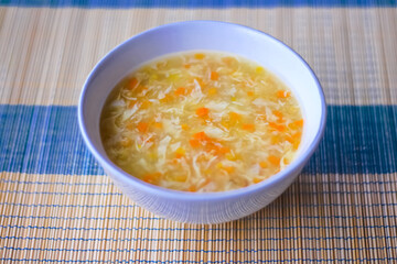 Vegetable soup on the table , vegan food background