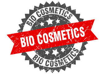 bio cosmetics stamp. grunge round sign with ribbon