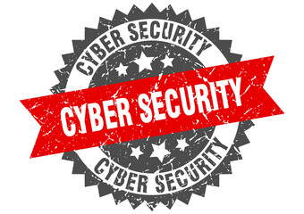 cyber security stamp. grunge round sign with ribbon