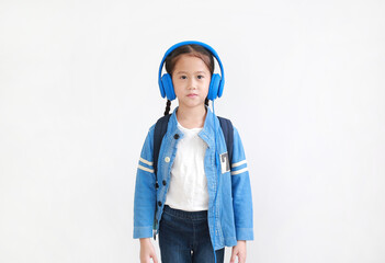 Portrait asian little child girl with headphones isolated on white background.