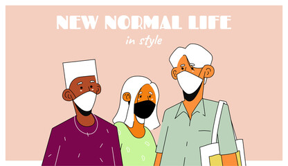 Illustration Flat Design Vector Group of people New Normal Life in Style with Mask On