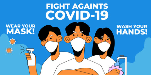 Self Protecting Group of People Fighting Againts Covid-19 Banner,Poster,Flyer,etc. wearing face masks, washing hands and using disinfectant spray
