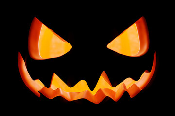 3d illustration large orange pumpkin with cut out passionate eyes and crooked smile glow in the dark on a black background. The concept of Halloween characters