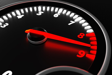 3D illustration close up black car panel, digital bright tachometer. Tachometer arrow shows maximum...