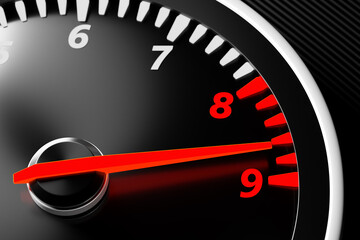 3D illustration close up black car panel, digital bright tachometer. Tachometer arrow shows maximum...