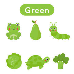 Flash cards with objects in green color. Educational printable worksheet.
