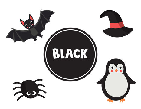 Learning black color for preschool kids. Educational worksheet.
