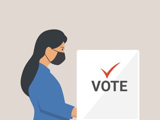 Politics, election, voting, coronavirus concept. elections 2020. Women filling in ballots and casting votes at polling station illustration.