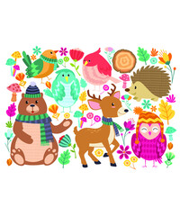 Autumn animal pattern mascot cartoon in vector