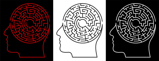 Fototapeta premium Human head with labyrinth, maze inside. Making difficult decisions. Brainstorm. Creative and logical thinking. Vector