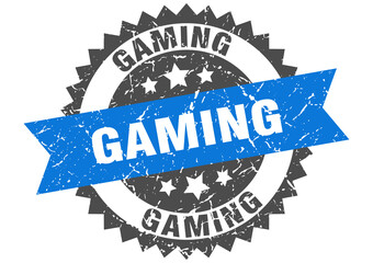 gaming stamp. grunge round sign with ribbon