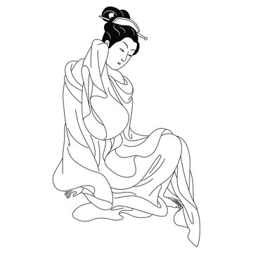 recommend clip art: Seated Japanese lady in kimono. Traditional retro style. Black and white linear silhouette.