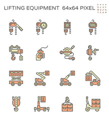 Winch icon and other lifting equipment icon such as scissor lift, cherry picker, reach stacker etc for vary work and industry such as construction, production, rection, maintenance and warehousing. 