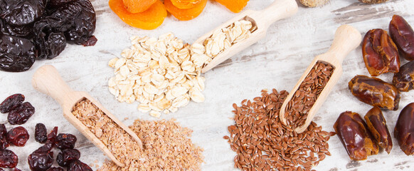 Ingredients containing natural minerals, vitamins and dietary fiber, healthy lifestyle and nutrition concept