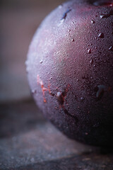 Freshly harvested red plum with condensation at cold autumn morning. Selective focus. Shallow depth of field.