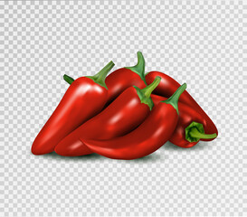 Hot red pepper on transparent background. Jalapeno groupe. Quality realistic vector, 3d illustration.