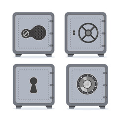 Set of bank safe boxes. Closed safe isolated on a white background. Security cash savings and money protection concept. Vector flat illustration.