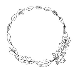 Wreath of autumn leaves. Round frame. Wreath of autumn leaves. Doodle freehand illustration. Round frame. Black outline on a white background.