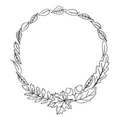 Wreath of autumn leaves. Round frame. Wreath of autumn leaves. Doodle freehand illustration. Round frame. Black outline on a white background.