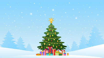 Modern Christmas banner with copy space. Decorated Christmas tree with gifts on the background of a winter landscape, winter snowfall. Flat vector illustration for design.