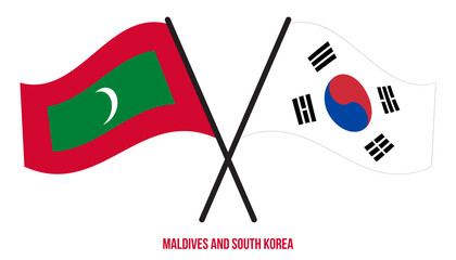 Maldives and South Korea Flags Crossed And Waving Flat Style. Official Proportion. Correct Colors.