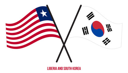 Liberia and South Korea Flags Crossed And Waving Flat Style. Official Proportion. Correct Colors.