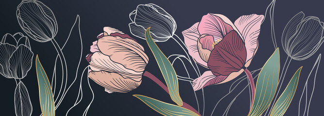 Luxury pink tulips background vector with golden metallic decorate wall art - 383416037