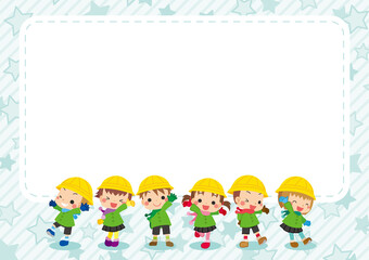 冬服を着た可愛い幼稚園児キッズグループのイラスト　星柄背景のフレーム