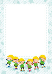 Obraz na płótnie Canvas 冬服を着た可愛い幼稚園児キッズグループのイラスト　星柄背景のフレーム