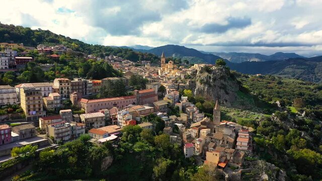 Amazing cityscape of Novara di Sicilia town. Aerial view of Novara di Sicilia, Sicily, Italy, Europe. Mountain village Novara di Sicilia, Sicily, Italy.