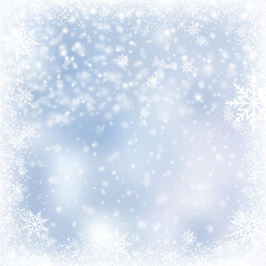 Christmas or Happy New Year card with falling snowflakes and watch on blue sky. Vector