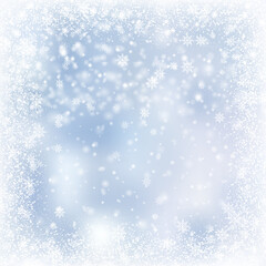 Christmas card with falling snowflakes on blue sky. Vector.