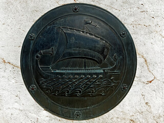 A bronze shield with a Trireme on the Monument of the Unknown Soldier in Syntagma Square, Athens...