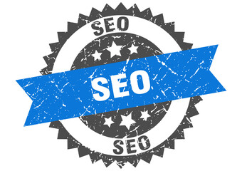 seo stamp. grunge round sign with ribbon