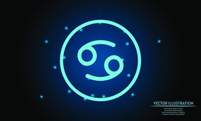glowing cancer zodiac sign on dark blue background of the space with shining stars. zodiac glowing backgraound. Neon zodiac sign
