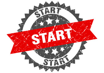 start stamp. grunge round sign with ribbon