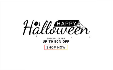 Halloween sale promotion banner with discount offer on special occasion. Lettering with spider and ghost.
