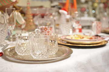 High class new years dinner table set with ornaments with antipasto