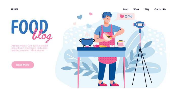 Website template for food blogging or food hunter review, foodie blog for social media. Food blogger preparing food and filming a process, flat cartoon vector illustration.