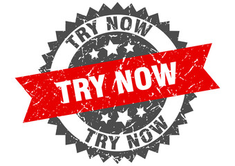 try now stamp. grunge round sign with ribbon