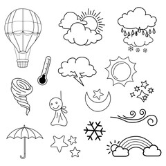 weather doodle vector set illustration with hand draw line art style vector, star, sun
