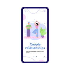 Onboarding mobile page design with couple in happy relationships bond, flat cartoon vector illustration isolated on white background. Activity for couple bonding.