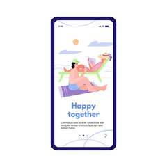 Mobile page with couple at sea vacation happy together, flat cartoon vector illustration isolated. Onboarding screen template for couple bonding activity.