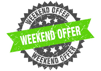 Obraz premium weekend offer stamp. grunge round sign with ribbon