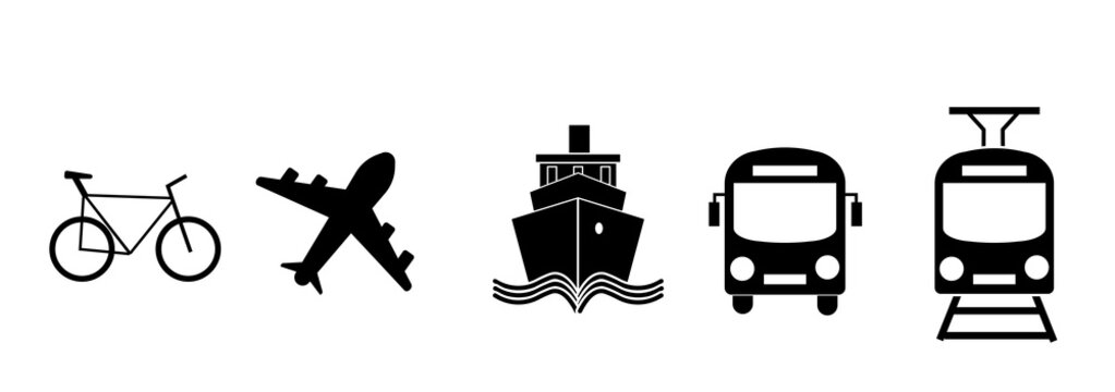 Transport icons. Airplane, Public bus, Train, Ship/Ferry and auto signs.