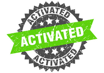 activated stamp. grunge round sign with ribbon