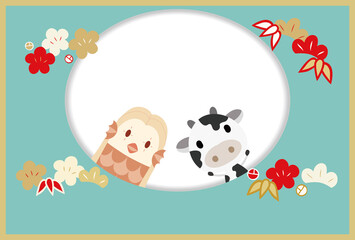 マスクをした親子の牛と背中に乗っているアマビエの年賀状 Animal Wall Mural Anim Hichako