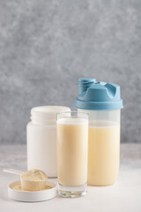 Protein sport shake, powder, eggs and bar. Fitness food and drink. Diet